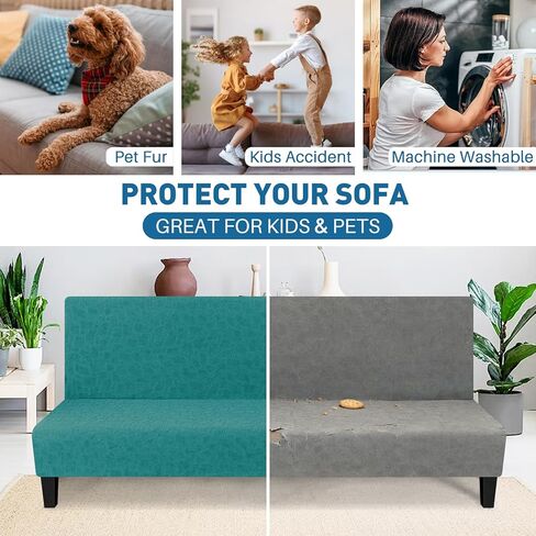 MAXIJIN Waterproof Futon Cover Full Size Washable Armless Sofa Bed Couch Cover Stretch Jacquard Futon Slipcovers Furniture Protector with Non-Slip Elastic Bottom (67"-82", Blackish Green) in Saudi Arabia