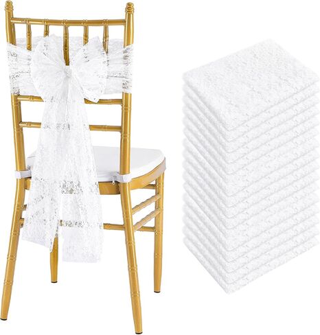 Fanqisi 16 حزمة من أوشحة الكرسي الأبيض: غطاء كرسي دانتيل بطول 8 أقدام لتزيين ممر الزفاف وأقواس كرسي مطرزة عتيقة لحفلات الاستقبال وديكور الطعام 9.5 × 94.5 بوصة in Kuwait