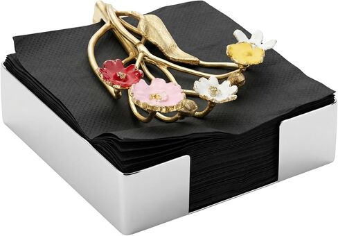 Bronze Gold Floral Napkin Holder Decor - Golden Brass Flower Detail & Black Reflective Tray, Paper Towel & Display Leaf, Two Tone for Weddings, Dinner Parties, Housewarming Gifts, Baroque Tray Basket in Kuwait