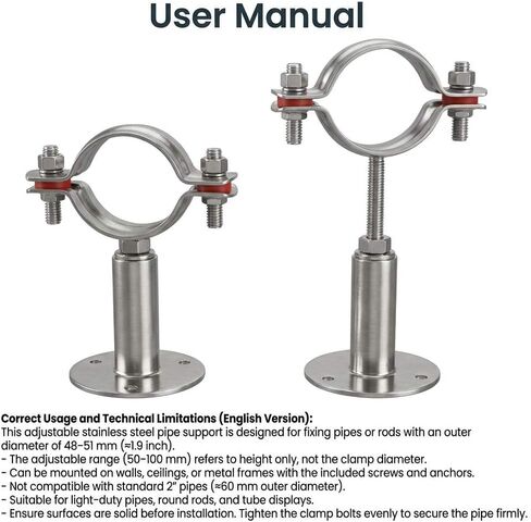 مجموعة دعامات دعم الأنابيب المصنوعة من الفولاذ المقاوم للصدأ القابلة للتعديل من QWORK - متوافقة مع أنابيب مقاس 1 بوصة - خيارات التركيب على الحائط والسقف - تتضمن 4 أقواس دعم ومسامير ومرساة in Kuwait