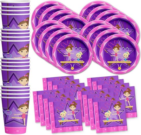 Gymnastics Star Birthday Party Supplies Set Plates Napkins Cups Tableware Kit for 16 in Kuwait