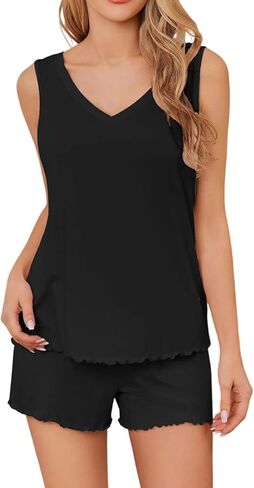 Oplxuo Women Cami Pajama Set V-Neck Lettuce Trim Sleeveless Tank Top and Shorts 2 Piece PJ Set Loungewear Sleepwear in Saudi Arabia
