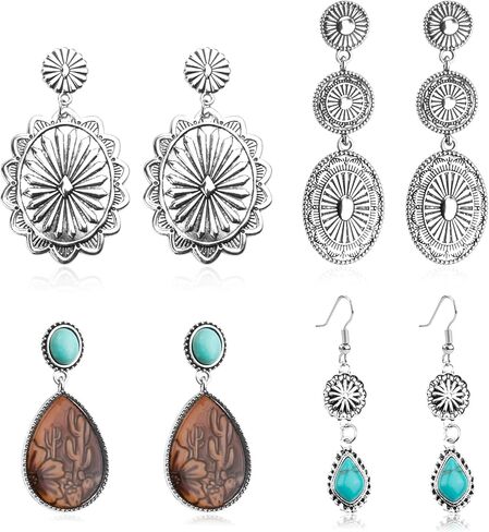 4 Pairs Western Earrings for Women,Vintage Silver Oval Teardrop Earrings,Bohemian Turquoise Pendant Earring,Country Cowgirl Jewelry Accessories Gifts for Women in Kuwait