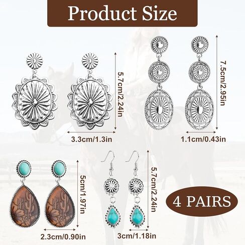4 Pairs Western Earrings for Women,Vintage Silver Oval Teardrop Earrings,Bohemian Turquoise Pendant Earring,Country Cowgirl Jewelry Accessories Gifts for Women in Kuwait