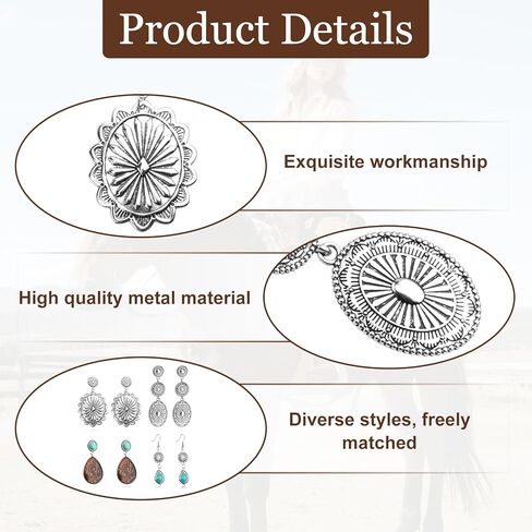 4 Pairs Western Earrings for Women,Vintage Silver Oval Teardrop Earrings,Bohemian Turquoise Pendant Earring,Country Cowgirl Jewelry Accessories Gifts for Women in Kuwait