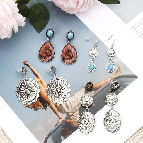 4 Pairs Western Earrings for Women,Vintage Silver Oval Teardrop Earrings,Bohemian Turquoise Pendant Earring,Country Cowgirl Jewelry Accessories Gifts for Women in Kuwait