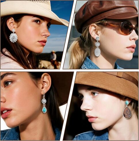 4 Pairs Western Earrings for Women,Vintage Silver Oval Teardrop Earrings,Bohemian Turquoise Pendant Earring,Country Cowgirl Jewelry Accessories Gifts for Women in Kuwait