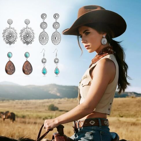 4 Pairs Western Earrings for Women,Vintage Silver Oval Teardrop Earrings,Bohemian Turquoise Pendant Earring,Country Cowgirl Jewelry Accessories Gifts for Women in Kuwait