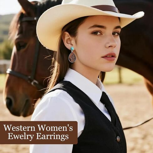 4 Pairs Western Earrings for Women,Vintage Silver Oval Teardrop Earrings,Bohemian Turquoise Pendant Earring,Country Cowgirl Jewelry Accessories Gifts for Women in Kuwait