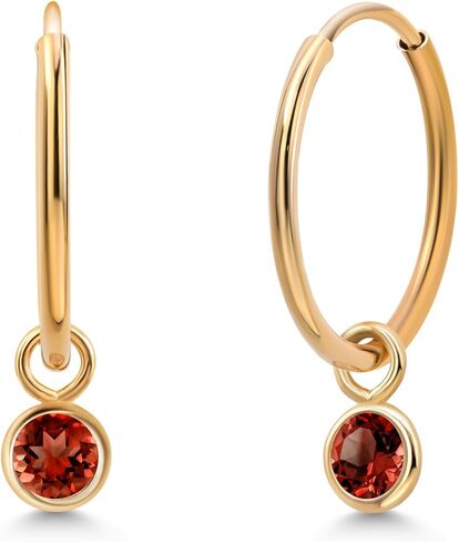 Gem Stone King 14K Yellow Gold Red Garnet Snap Closure Continuous Endless Drop Dangle Hoop Earrings For Women | 0.30 Cttw | Gemstone Birthstone | Round 3MM in Saudi Arabia
