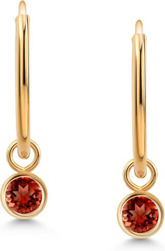 Gem Stone King 14K Yellow Gold Red Garnet Snap Closure Continuous Endless Drop Dangle Hoop Earrings For Women | 0.30 Cttw | Gemstone Birthstone | Round 3MM in Saudi Arabia