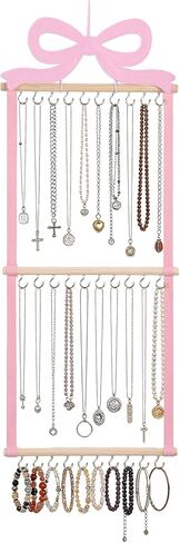 Sliner Pink Bow Hanging Jewelry Organizer Coquette Necklace Holder Wall Mounted with 30 Hooks Jewelry Hanger over Door Necklace Rack for Earrings Bracelets Headband Rings Women Bedroom Decor in Saudi Arabia