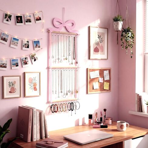 Sliner Pink Bow Hanging Jewelry Organizer Coquette Necklace Holder Wall Mounted with 30 Hooks Jewelry Hanger over Door Necklace Rack for Earrings Bracelets Headband Rings Women Bedroom Decor in Saudi Arabia