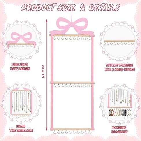 Sliner Pink Bow Hanging Jewelry Organizer Coquette Necklace Holder Wall Mounted with 30 Hooks Jewelry Hanger over Door Necklace Rack for Earrings Bracelets Headband Rings Women Bedroom Decor in Saudi Arabia