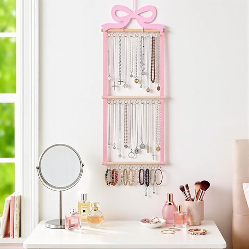 Sliner Pink Bow Hanging Jewelry Organizer Coquette Necklace Holder Wall Mounted with 30 Hooks Jewelry Hanger over Door Necklace Rack for Earrings Bracelets Headband Rings Women Bedroom Decor in Saudi Arabia