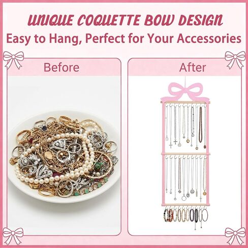 Sliner Pink Bow Hanging Jewelry Organizer Coquette Necklace Holder Wall Mounted with 30 Hooks Jewelry Hanger over Door Necklace Rack for Earrings Bracelets Headband Rings Women Bedroom Decor in Saudi Arabia