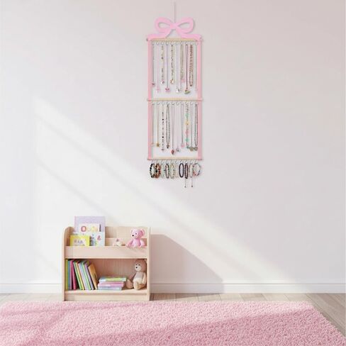 Sliner Pink Bow Hanging Jewelry Organizer Coquette Necklace Holder Wall Mounted with 30 Hooks Jewelry Hanger over Door Necklace Rack for Earrings Bracelets Headband Rings Women Bedroom Decor in Saudi Arabia