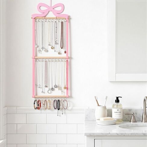 Sliner Pink Bow Hanging Jewelry Organizer Coquette Necklace Holder Wall Mounted with 30 Hooks Jewelry Hanger over Door Necklace Rack for Earrings Bracelets Headband Rings Women Bedroom Decor in Saudi Arabia