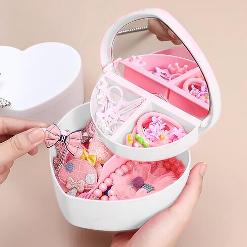 Heart Shaped Jewellery Box, Jewellery Organiser with Cosmetic Mirror, Jewellery Display Box for Girls＆Women (White) in Saudi Arabia