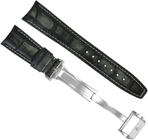 Ewatchparts 22mm Curved Leather Watch Band Strap Compatible With IWC Pilot Portuguese Aviation Black With White Stitching in Kuwait