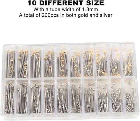 Yosoo Health Gear 200pcs Watch Screw Tube Watch Strap Connection Rod Watch Band Connecting Rod Stainless Steel 1.3mm Width 10 Sizes Gold Silver with Storage Box for Watch Repair Replacement in Saudi Arabia
