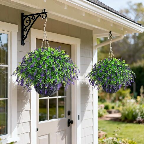 سلة تعليق من أوراق اللافندر والأوكالبتوس الاصطناعية من VIERENA - مجموعتان للديكورات الخارجية، سلة معلقة من الزهور المزيفة مقاومة للأشعة فوق البنفسجية للشرفة، حديقة المنزل، المزرعة، الطنف، ديكور الفناء in Kuwait