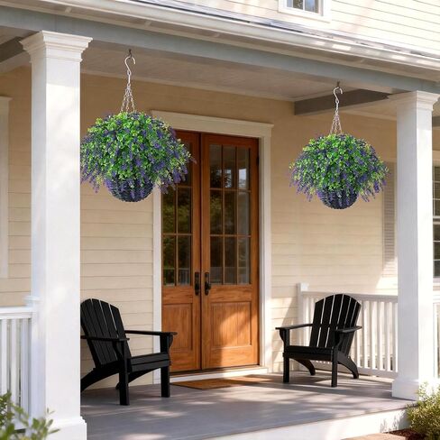 سلة تعليق من أوراق اللافندر والأوكالبتوس الاصطناعية من VIERENA - مجموعتان للديكورات الخارجية، سلة معلقة من الزهور المزيفة مقاومة للأشعة فوق البنفسجية للشرفة، حديقة المنزل، المزرعة، الطنف، ديكور الفناء in Kuwait