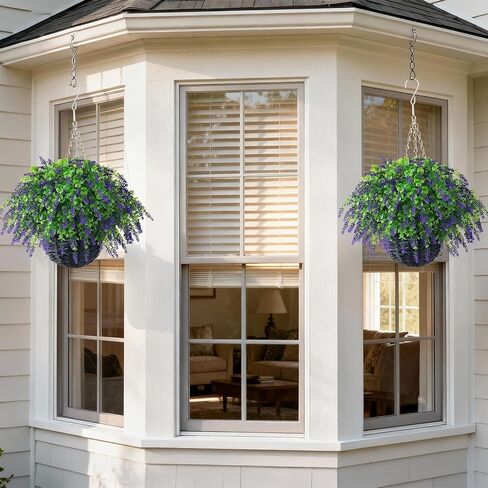 سلة تعليق من أوراق اللافندر والأوكالبتوس الاصطناعية من VIERENA - مجموعتان للديكورات الخارجية، سلة معلقة من الزهور المزيفة مقاومة للأشعة فوق البنفسجية للشرفة، حديقة المنزل، المزرعة، الطنف، ديكور الفناء in Kuwait