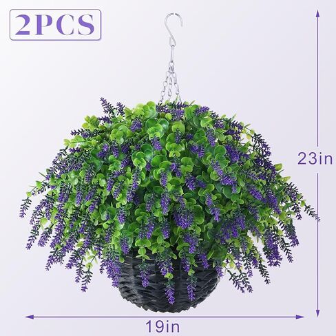 سلة تعليق من أوراق اللافندر والأوكالبتوس الاصطناعية من VIERENA - مجموعتان للديكورات الخارجية، سلة معلقة من الزهور المزيفة مقاومة للأشعة فوق البنفسجية للشرفة، حديقة المنزل، المزرعة، الطنف، ديكور الفناء in Kuwait