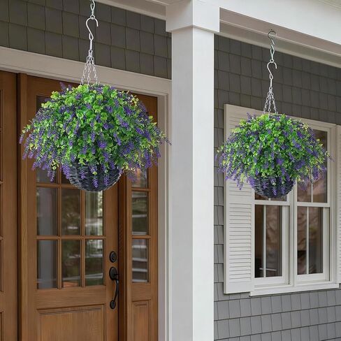 سلة تعليق من أوراق اللافندر والأوكالبتوس الاصطناعية من VIERENA - مجموعتان للديكورات الخارجية، سلة معلقة من الزهور المزيفة مقاومة للأشعة فوق البنفسجية للشرفة، حديقة المنزل، المزرعة، الطنف، ديكور الفناء in Kuwait