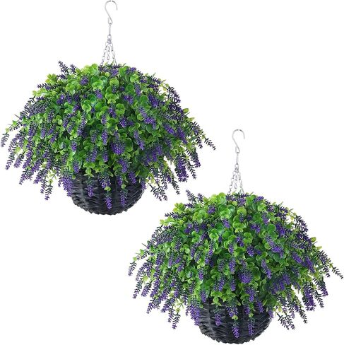 سلة تعليق من أوراق اللافندر والأوكالبتوس الاصطناعية من VIERENA - مجموعتان للديكورات الخارجية، سلة معلقة من الزهور المزيفة مقاومة للأشعة فوق البنفسجية للشرفة، حديقة المنزل، المزرعة، الطنف، ديكور الفناء in Kuwait