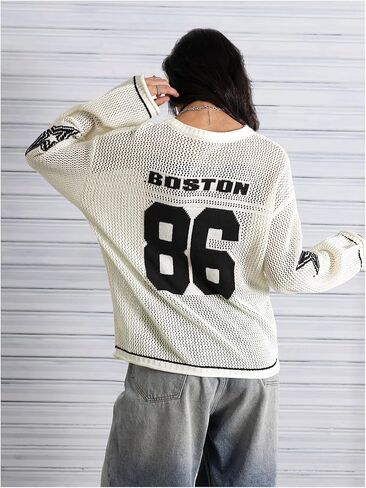 Verdusa Women's Y2k Clothes Going Out Tops Oversized Crochet Jersey Shirts Graphic V Neck Pullover Sweater Dark White Black X-Small in Saudi Arabia