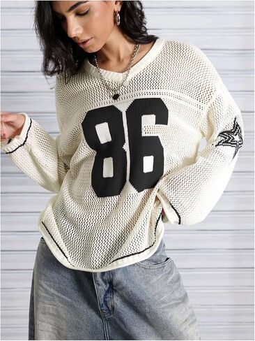Verdusa Women's Y2k Clothes Going Out Tops Oversized Crochet Jersey Shirts Graphic V Neck Pullover Sweater Dark White Black X-Small in Saudi Arabia