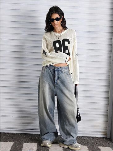 Verdusa Women's Y2k Clothes Going Out Tops Oversized Crochet Jersey Shirts Graphic V Neck Pullover Sweater Dark White Black X-Small in Saudi Arabia