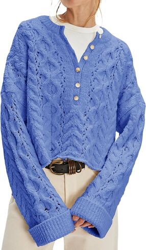 Women's Cable Knit Round Neck Button Pullover Sweater in Saudi Arabia