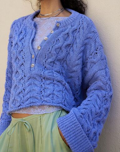 Women's Cable Knit Round Neck Button Pullover Sweater in Saudi Arabia