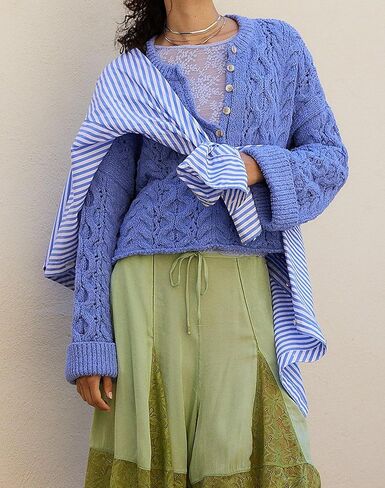 Women's Cable Knit Round Neck Button Pullover Sweater in Saudi Arabia