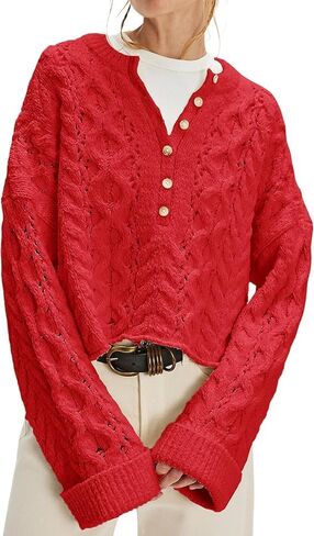 Women's Cable Knit Round Neck Button Pullover Sweater in Saudi Arabia