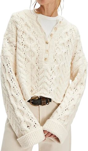 Women's Cable Knit Round Neck Button Pullover Sweater in Saudi Arabia