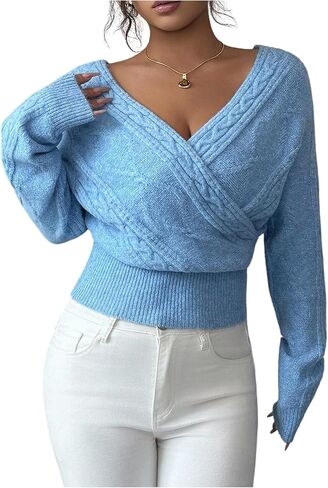 GORGLITTER Women's Wrap Sweater Cable Knit V Neck Long Sleeve Jumper Top Cinched Waist Knitted Pullover Going Outfits in Saudi Arabia