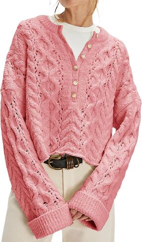 Women's Cable Knit Round Neck Button Pullover Sweater in Saudi Arabia