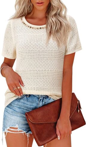 بوهو بلايز للنساء قصيرة الأكمام سترة Crewneck الكروشيه التستر بلوزة أنيقة قمصان الصيف عادية in Kuwait