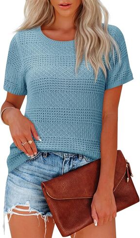 بوهو بلايز للنساء قصيرة الأكمام سترة Crewneck الكروشيه التستر بلوزة أنيقة قمصان الصيف عادية in Kuwait