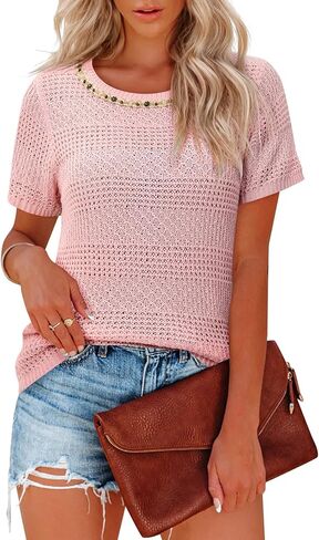 بوهو بلايز للنساء قصيرة الأكمام سترة Crewneck الكروشيه التستر بلوزة أنيقة قمصان الصيف عادية in Kuwait