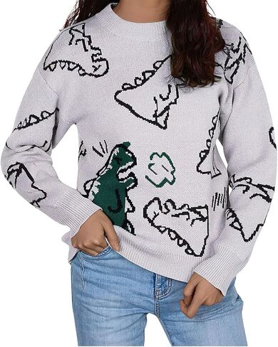 ebossy Women's Cute Dinosaur Knitted Jumper Aesthetic Crewneck Long Sleeve Cropped Pullover Sweater Top in Saudi Arabia