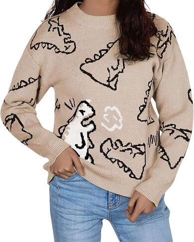 ebossy Women's Cute Dinosaur Knitted Jumper Aesthetic Crewneck Long Sleeve Cropped Pullover Sweater Top in Saudi Arabia