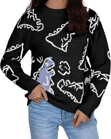 ebossy Women's Cute Dinosaur Knitted Jumper Aesthetic Crewneck Long Sleeve Cropped Pullover Sweater Top in Saudi Arabia