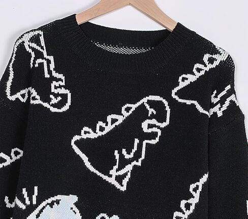 ebossy Women's Cute Dinosaur Knitted Jumper Aesthetic Crewneck Long Sleeve Cropped Pullover Sweater Top in Saudi Arabia