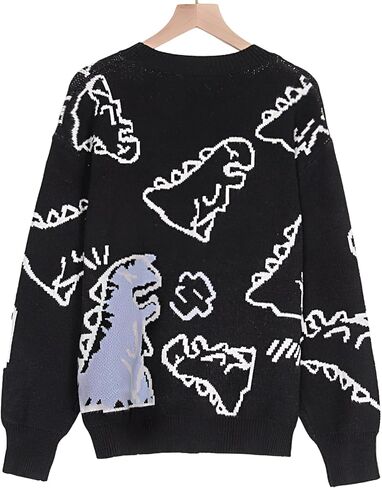 ebossy Women's Cute Dinosaur Knitted Jumper Aesthetic Crewneck Long Sleeve Cropped Pullover Sweater Top in Saudi Arabia