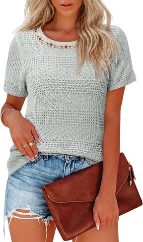 بوهو بلايز للنساء قصيرة الأكمام سترة Crewneck الكروشيه التستر بلوزة أنيقة قمصان الصيف عادية in Kuwait